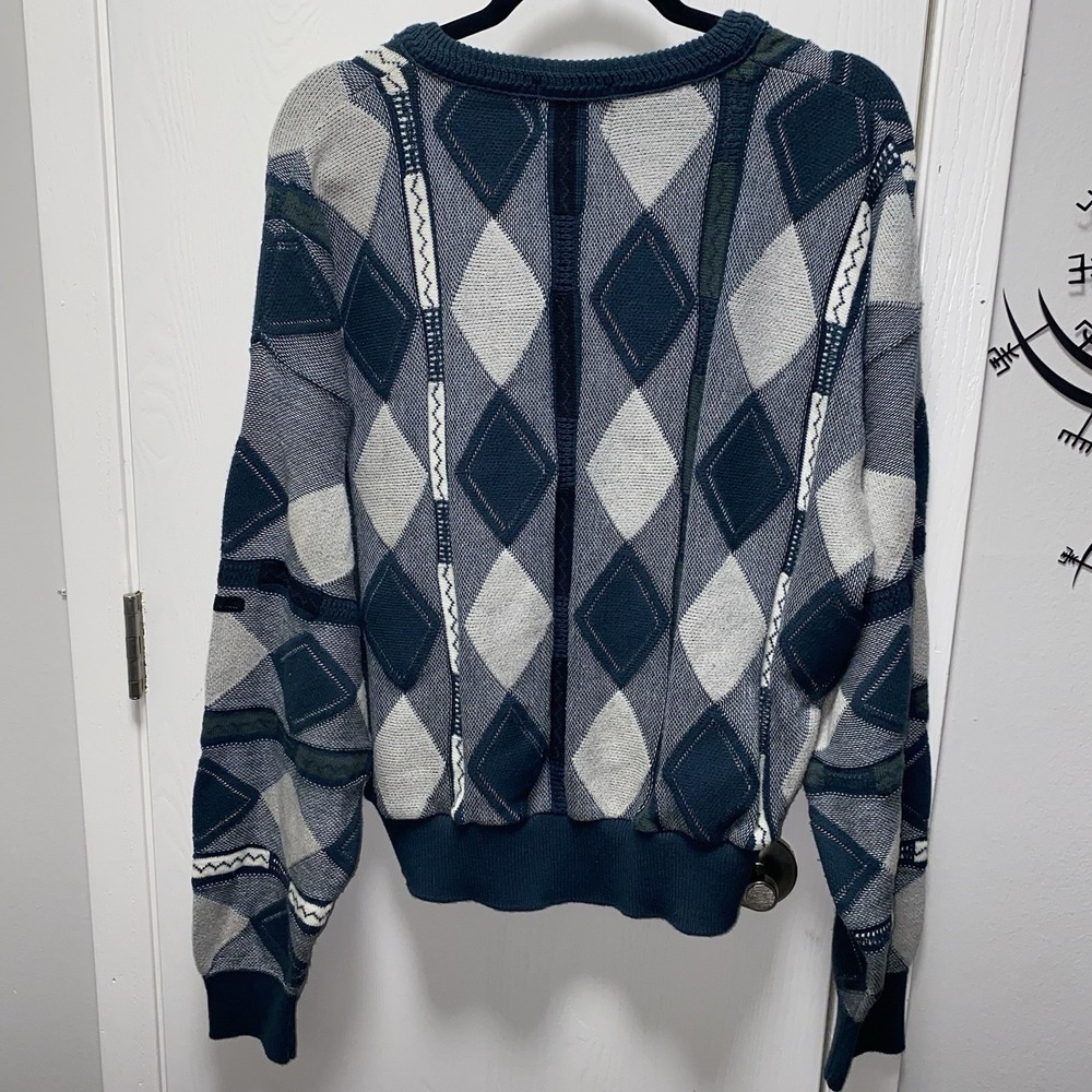 Vintage Portocruz‎ V-Neck Teal Grey Argyle Knit Sweater Art Medium - Picture 9 of 14